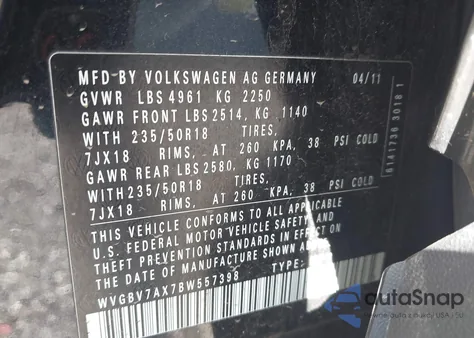 2011 Volkswagen Tiguan Sel из США, поврежденный, VIN WVGBV7AX7BW557398